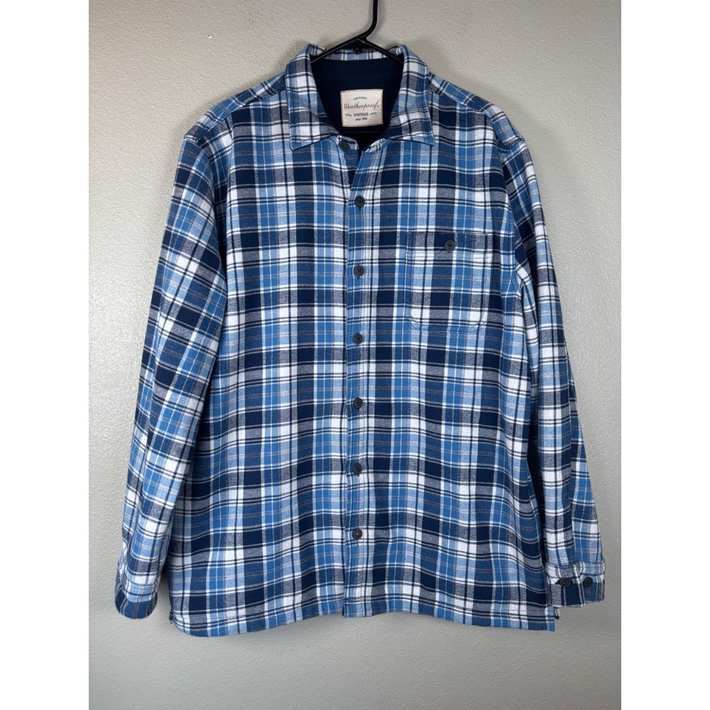 Weatherproof Vintage Mens XL Blue Plaid Fleece Lined Flannel Shirt Jacket